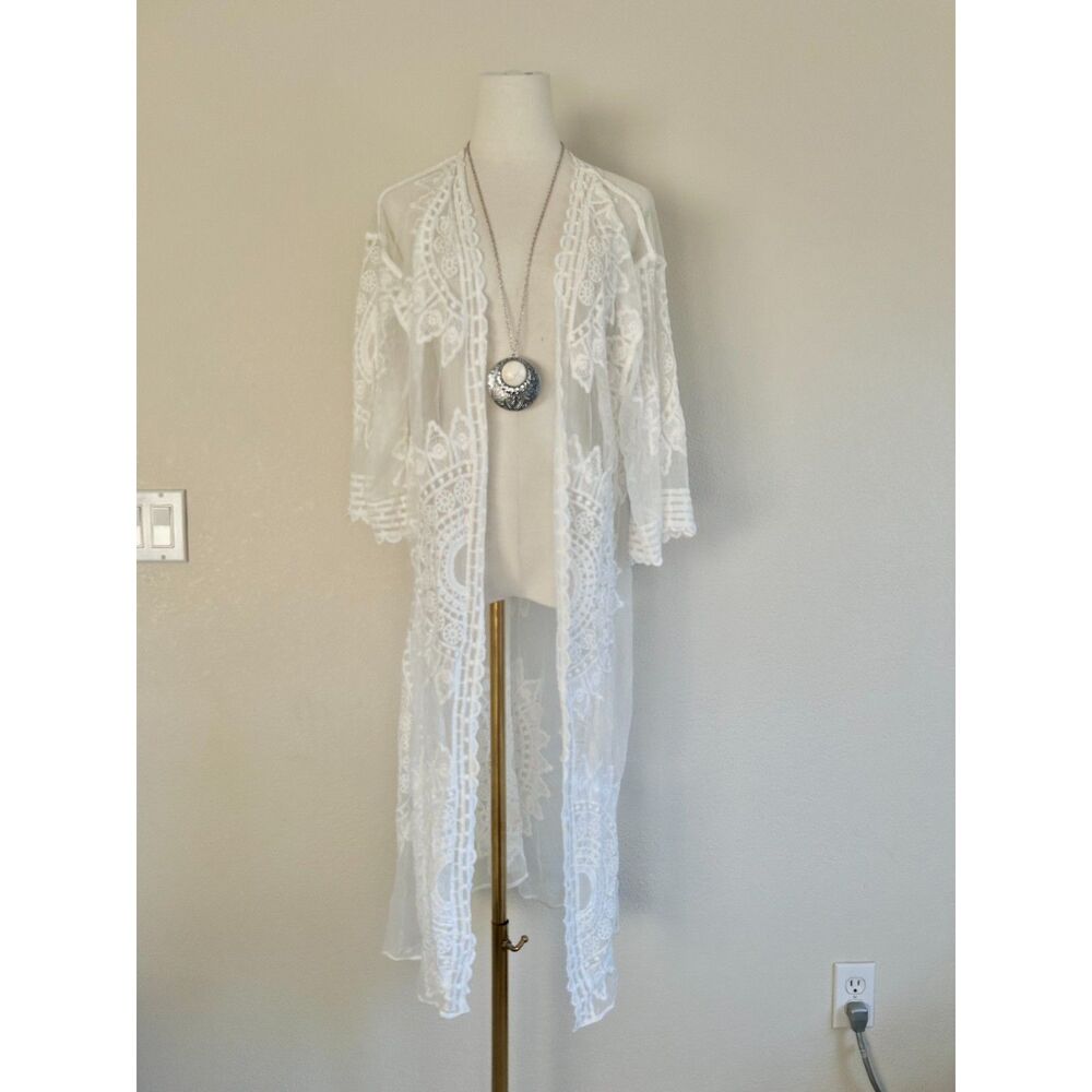 RACHEL ZOE Mandala White Lace Embroidered Maxi Kimono Duster Cover-up - Picture 2 of 8
